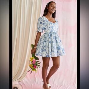 francescas stacia white & blue floral babydoll sweetheart fit & flare mini dress